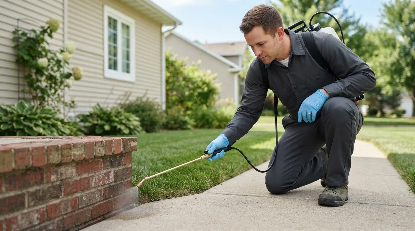 Pest control technician treating a home near Regan, ND
