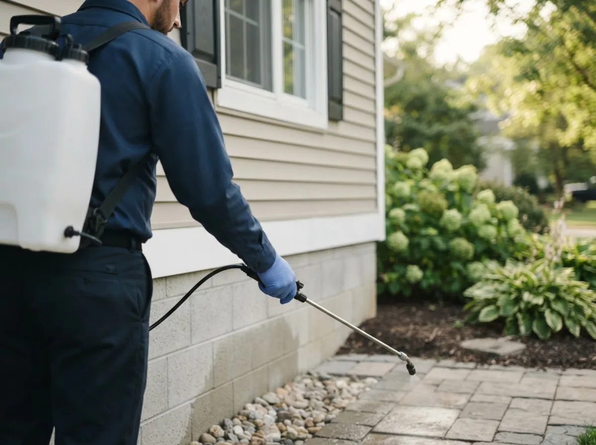 Pest control technician inspecting a home in Regan, ND